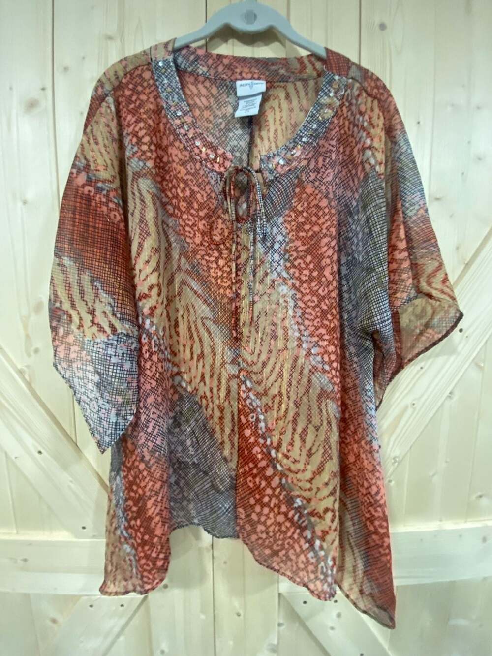 Jaclyn Smith Short Sleeve Semi-Sheer Blouse Size M Orange Multi Abstract Sequins